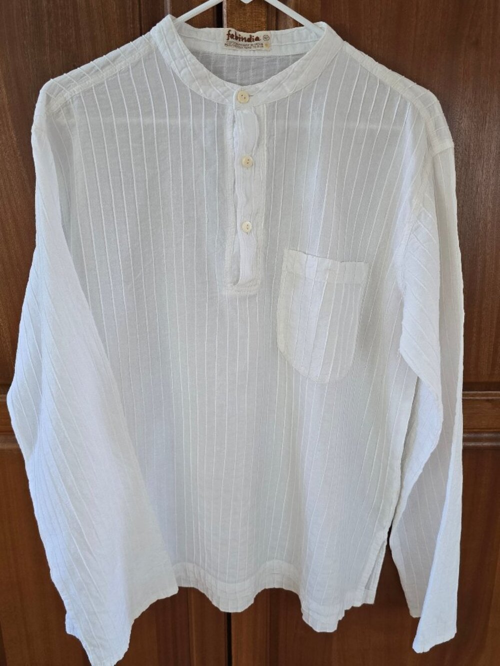 Fabindia mens Kurta white striped cotton longsleeve1/4 button up